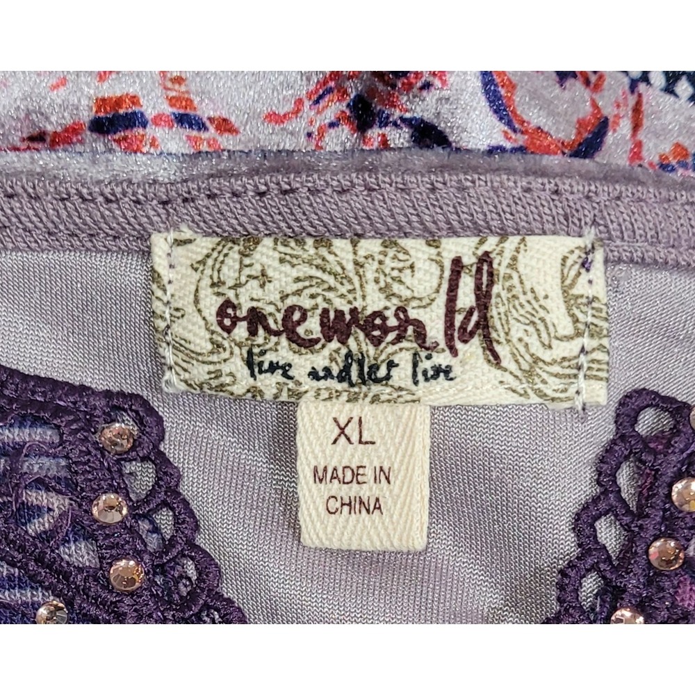One World Violet Charming Art Purple Paisley Lace Embellished Tunic Top XL - Picture 2 of 15